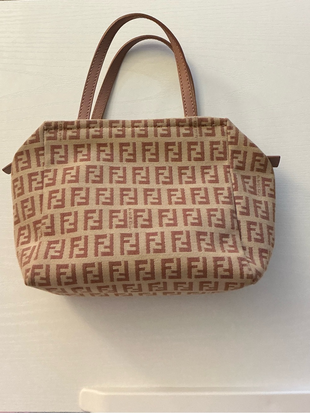 Fendi Beige and Dusty Rose FF Logo Canvas Tote with Leather Handles Authentic